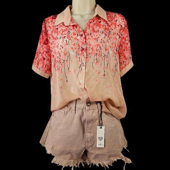 GeeGee Pink Floral Short Slv Blouse Sheer Lightweight Button Front Top Womens M - Picture 2 of 9